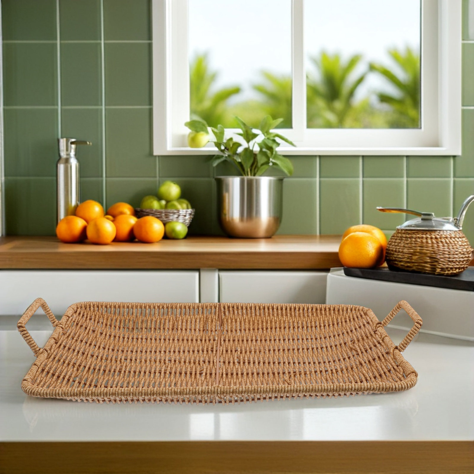 Rattan Tray Handle - Petit plateau rectangulaire en rotin avec