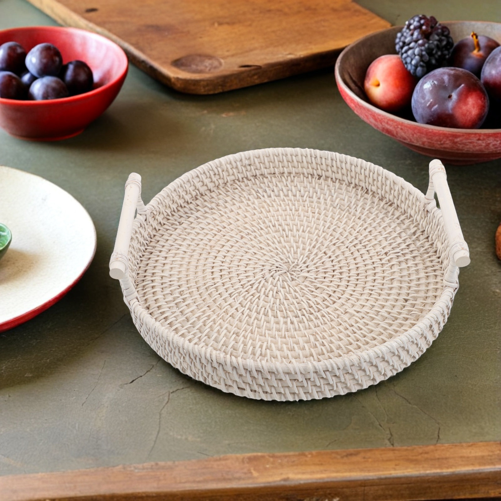 Plateau rond en rotin tressé a - Rattan Tray Handle avis et prix